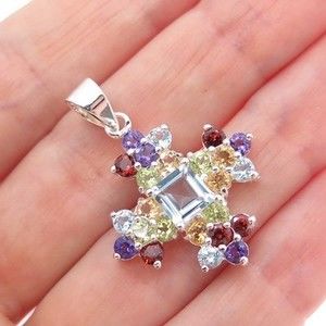 GSJ GOLD STONE 925 Sterling Silver Vintage Real Multi-Color Gem Cross Pendant